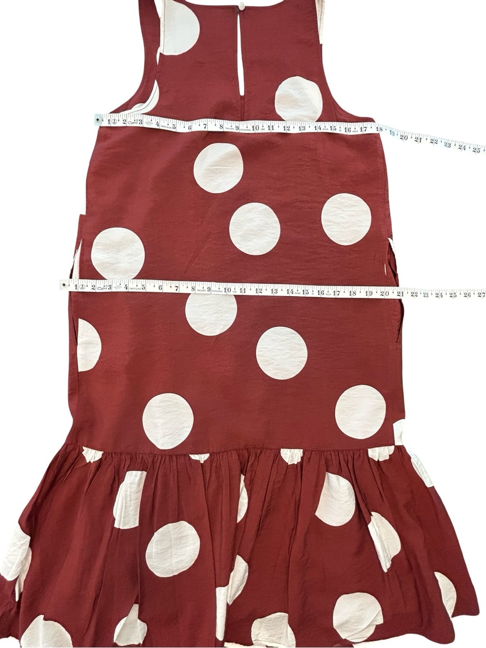 Anthropologie Polka Dot Midi Dress Small Burgundy White Sleeveless Ruffle Hem S - Picture 11 of 11